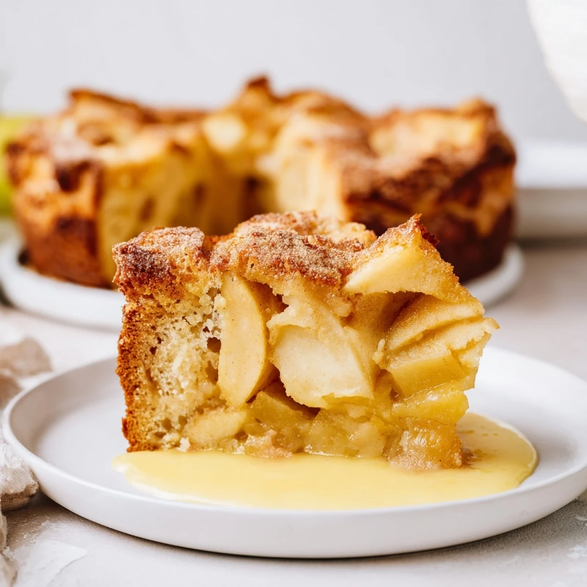 Irish Apple Cake with Warm Vanilla Custard, a moist and spiced traditional treat, perfect with a hot cup of Irish coffee.