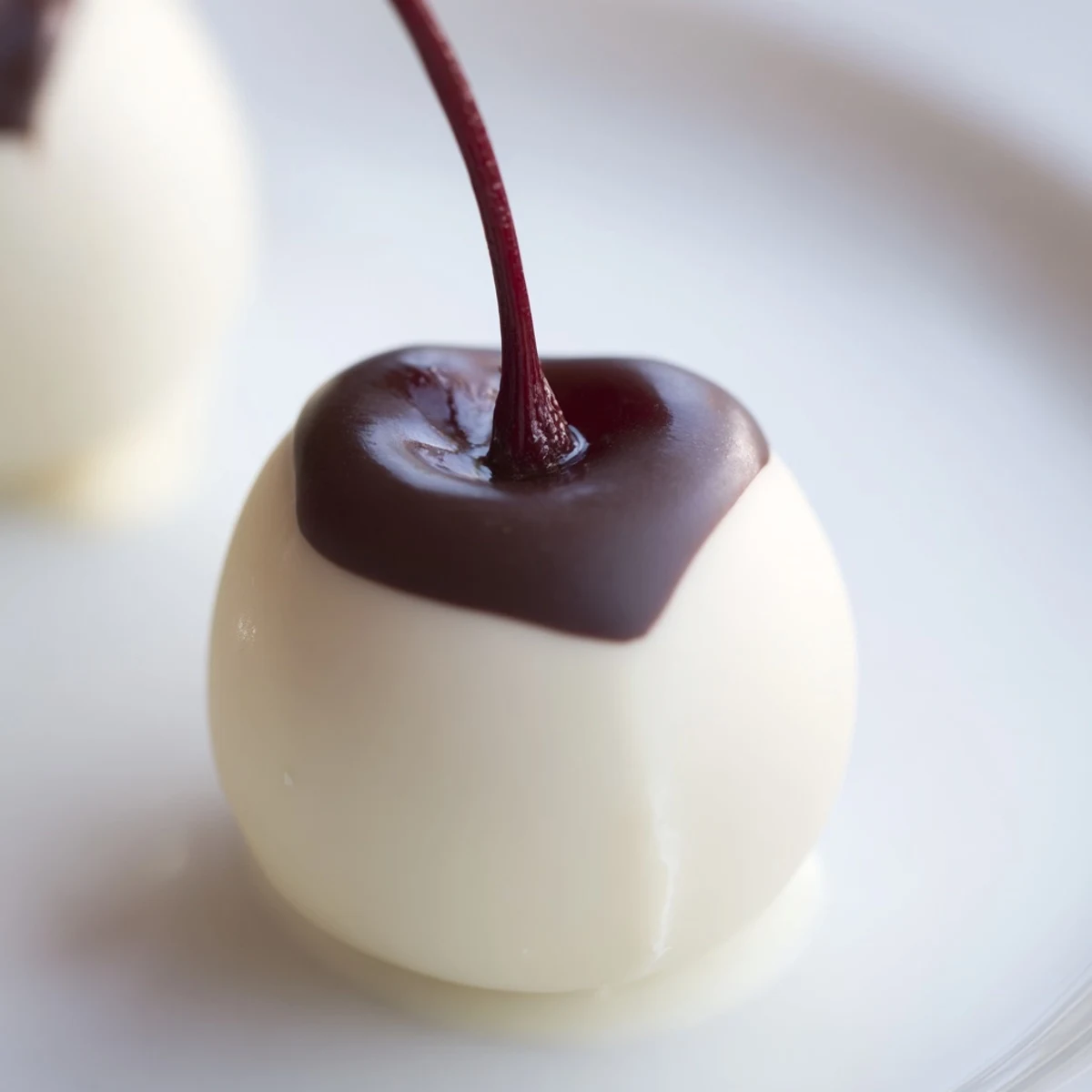Whole maraschino cherries wrapped in smooth fondant and dipped in dark chocolate, resting on a parchment-lined tray.