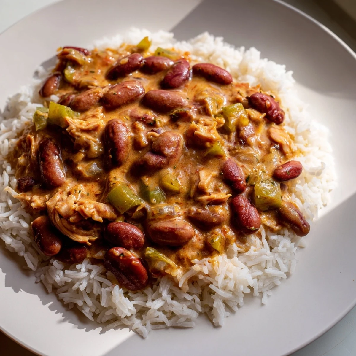 A close-up of Creole Red Beans and Rice with Smoked Turkey, featuring creamy beans and tender shredded meat over fluffy white rice.
