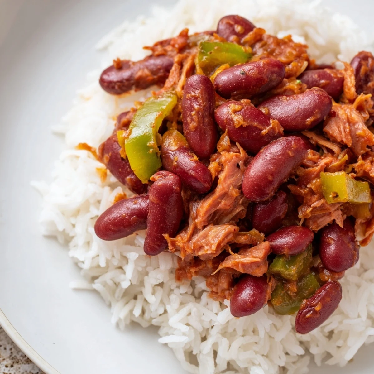 Steaming Creole Red Beans and Rice with Smoked Turkey in a Dutch oven, with smoky spices and aromatic vegetables creating a hearty Southern meal.