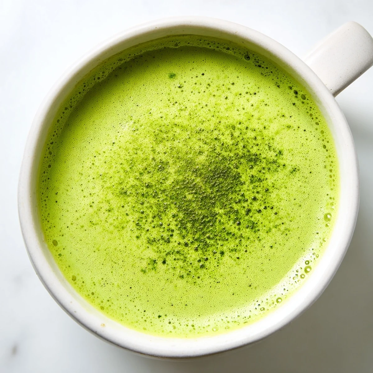 Creamy green matcha latte with oat milk, topped with frothy bubbles and a dusting of vibrant tea powder.