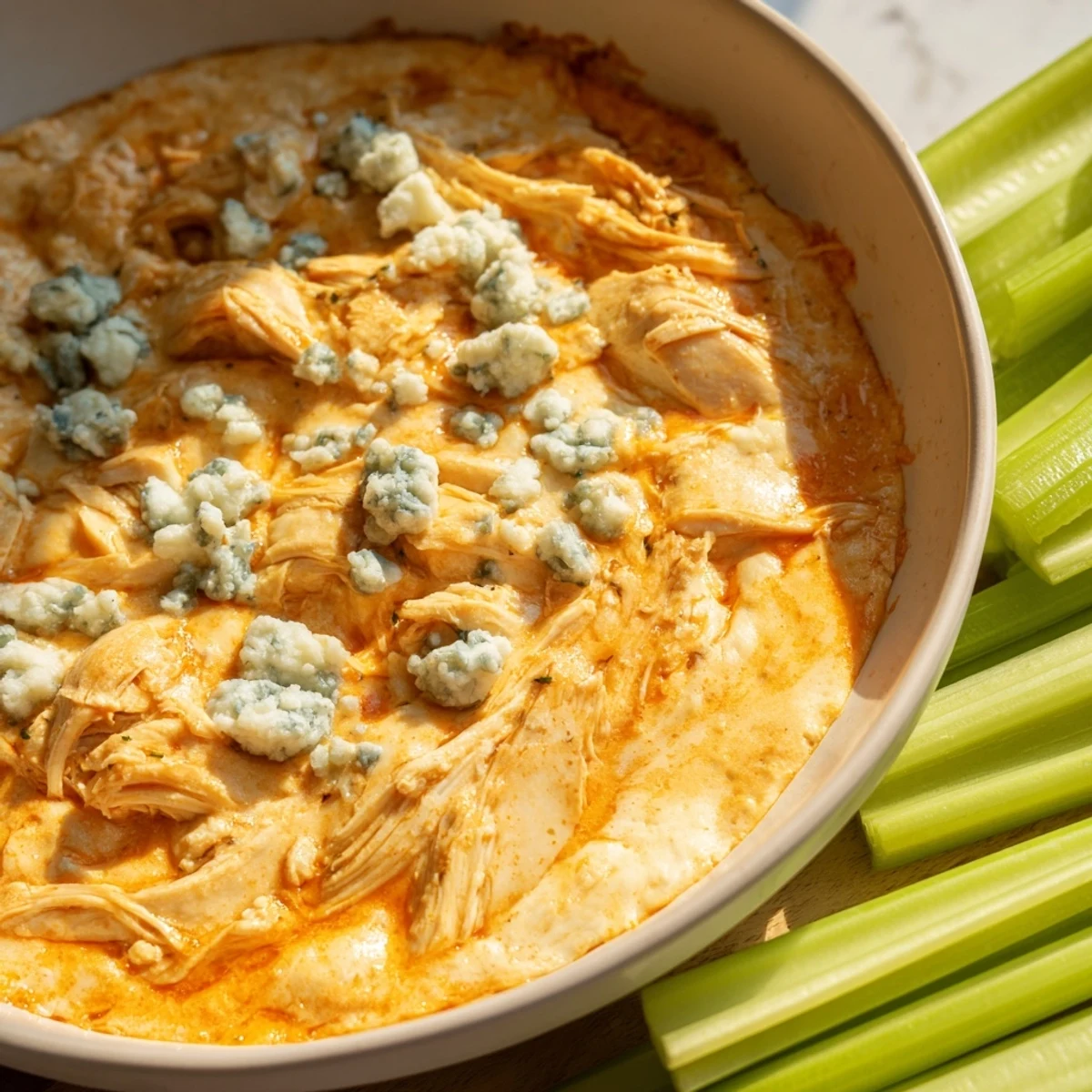 Fresh celery sticks alongside warm, tangy Spicy Buffalo Chicken Dip, perfect for scooping up the creamy, cheesy appetizer.  