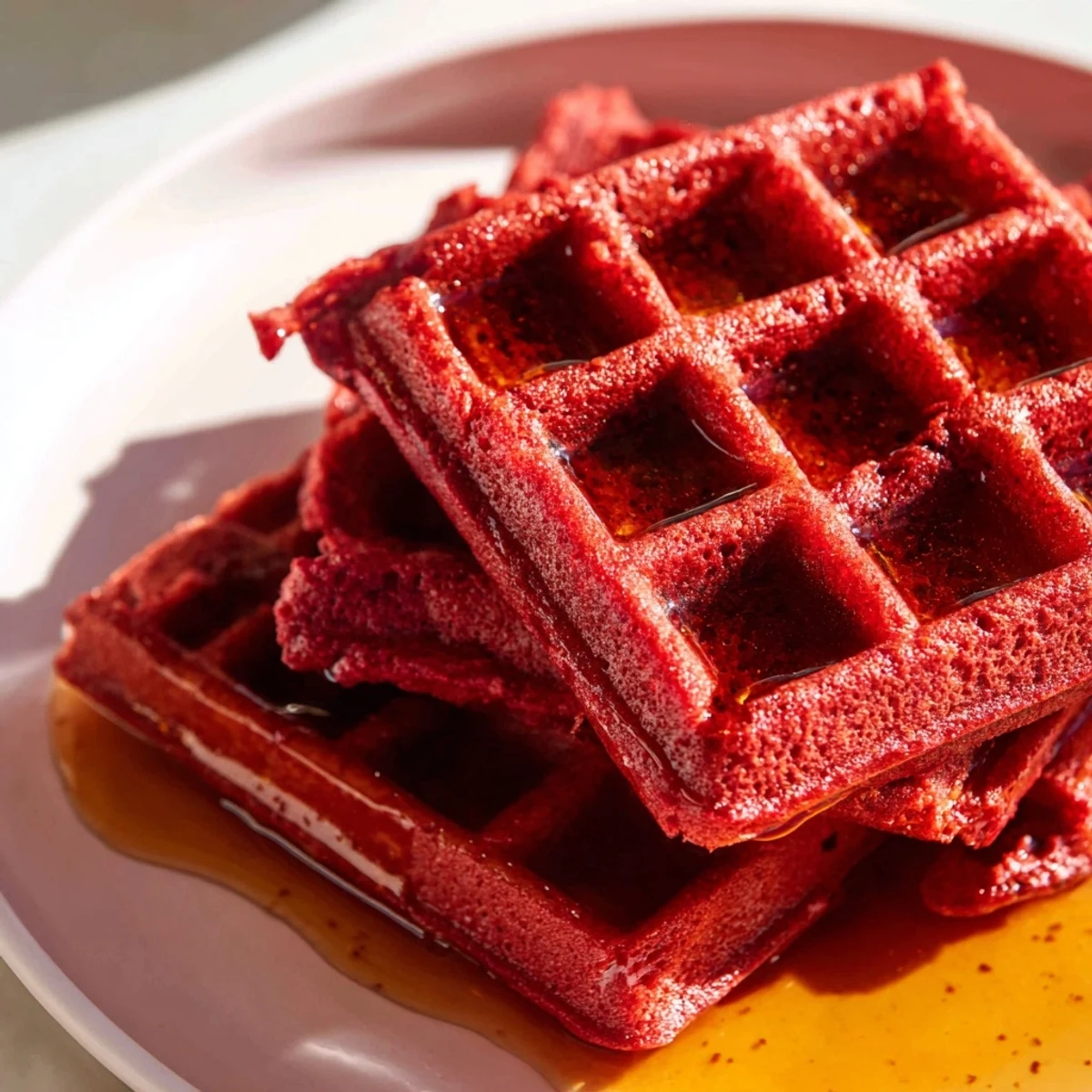 A close-up of Red Velvet Waffles with Maple Syrup, showing the vibrant red crumb and dripping syrup, ready for breakfast.