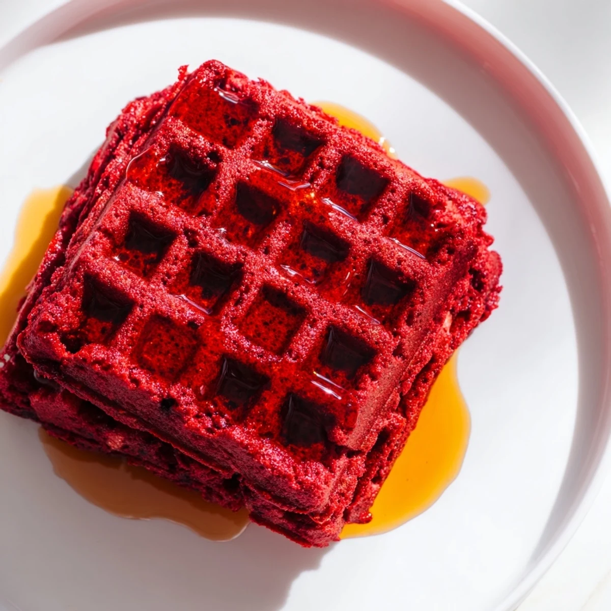 Stack of Red Velvet Waffles with Maple Syrup, topped with whipped cream and fresh berries on a rustic wooden table.