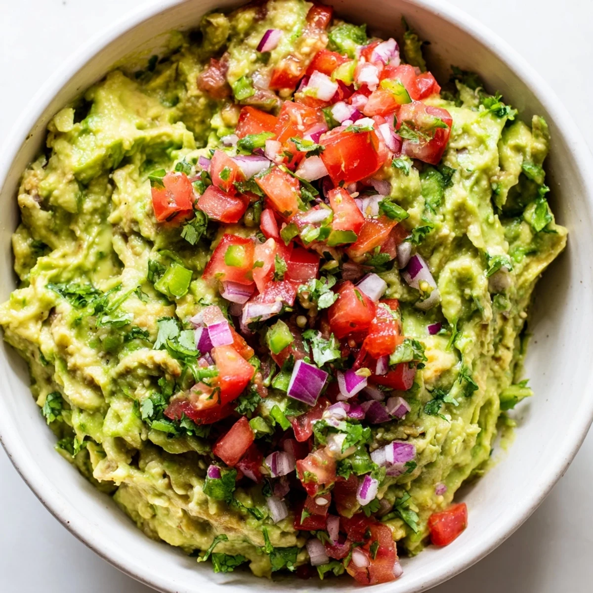 Guacamole with fresh pico de gallo in a rustic bowl, accompanied by golden tortilla chips for a delicious snack.