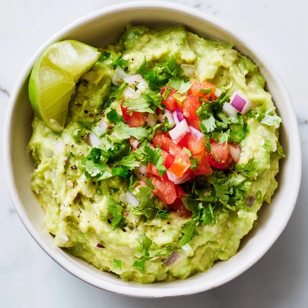 Creamy homemade guacamole with fresh pico de gallo and lime in a bowl, topped with cilantro, ready for tortilla chips.