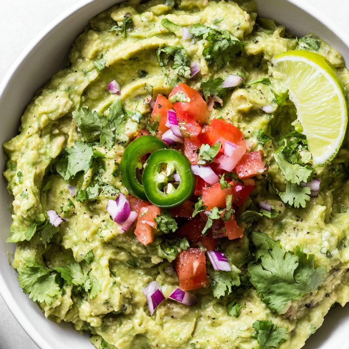 Bright, chunky guacamole topped with pico de gallo and lime, a vibrant vegan appetizer perfect for tacos or game day.