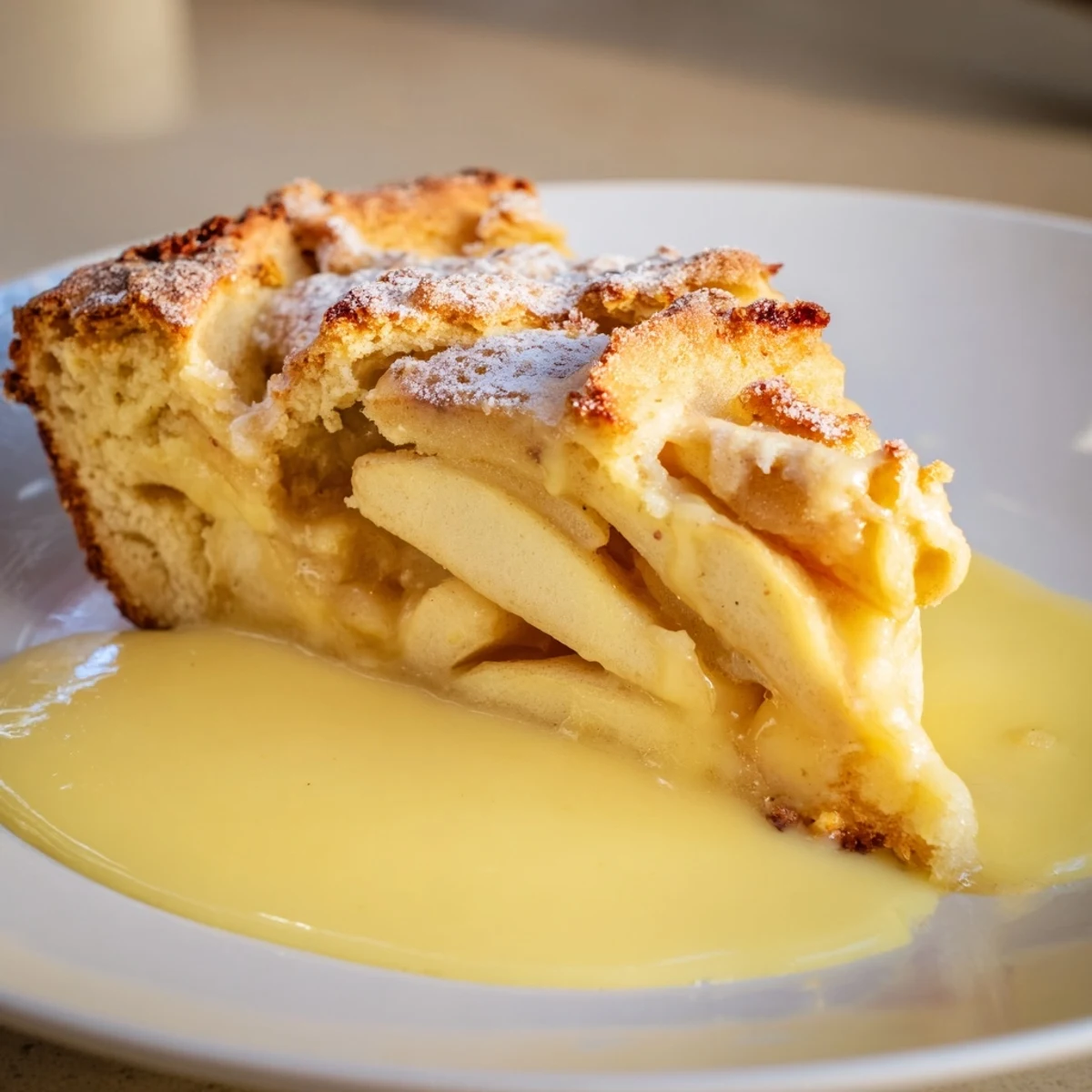 Irish Apple Cake with Warm Vanilla Custard drizzled over a golden, crumb-topped slice on a rustic plate.