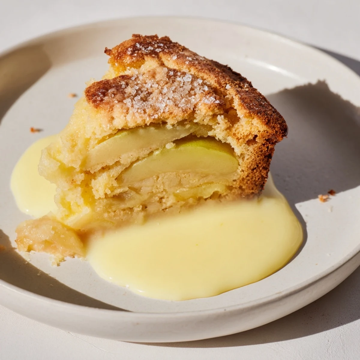Freshly baked Irish Apple Cake with Warm Vanilla Custard, featuring tender cinnamon-spiced apples in a cozy dessert.