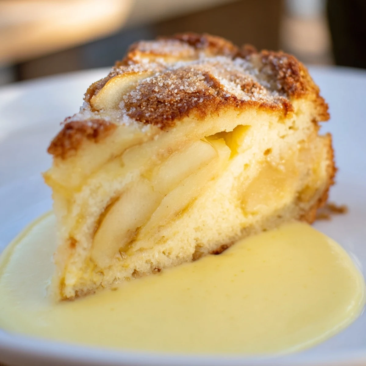 A spoon pours warm vanilla custard over a slice of Irish Apple Cake, melting into the tart apples.