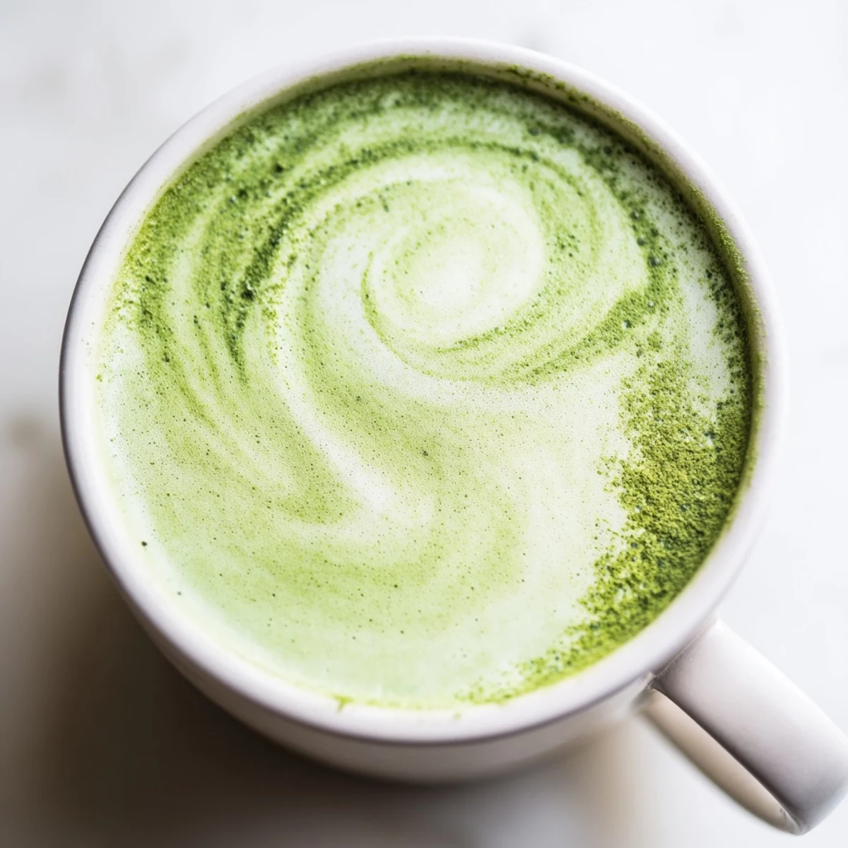 Vibrant green matcha latte with oat milk and honey, garnished lightly with powder, served steaming in a clear mug.
