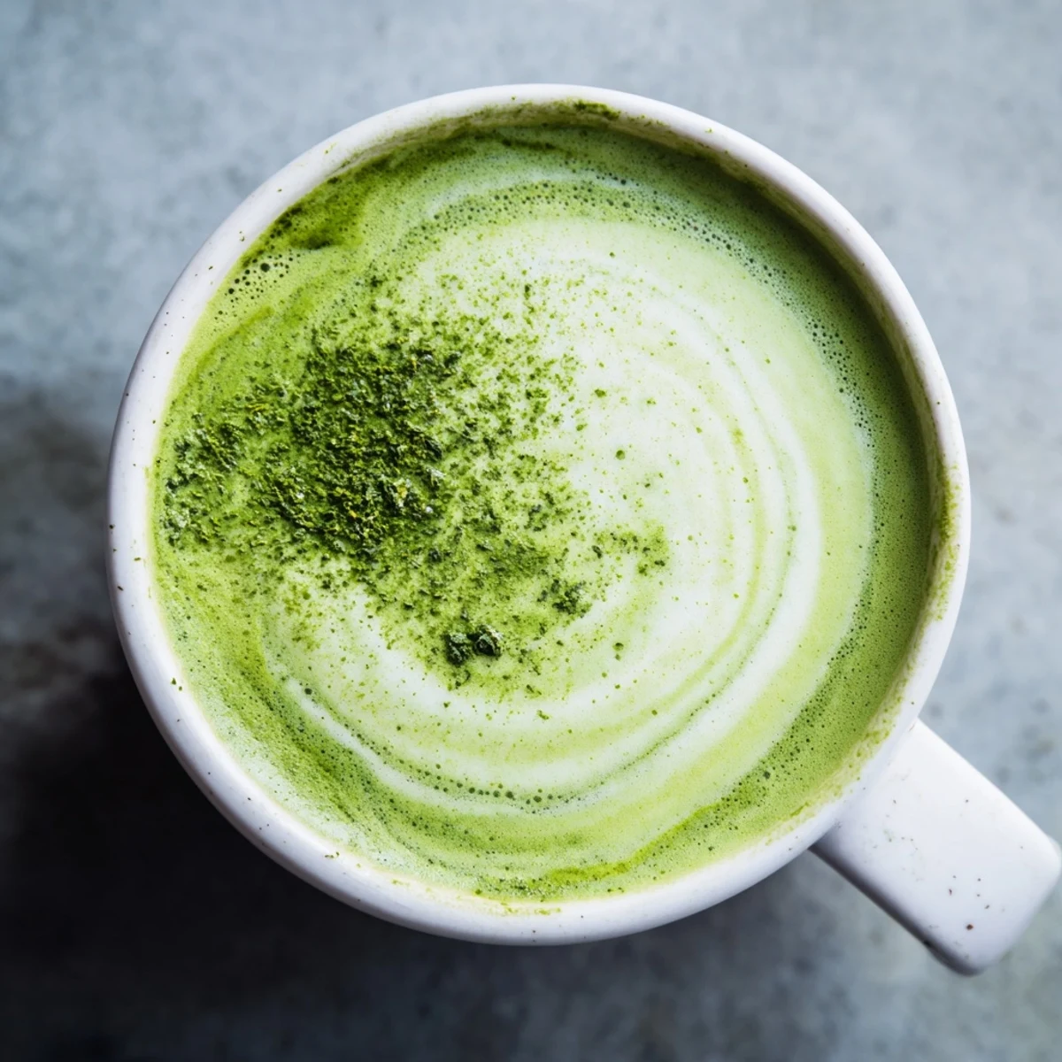Smooth homemade green matcha latte, creamy oat milk froth and golden honey drizzle, enjoyed iced over clear cubes.