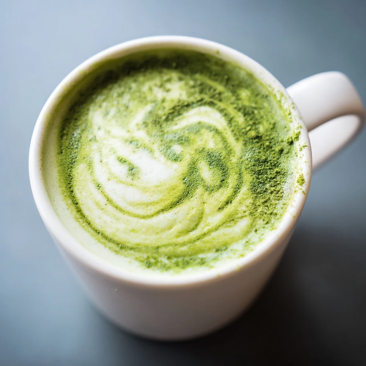 Prepared matcha mixture with hot water, whisked until frothy, then blended with warm oat milk and honey for sweetness.