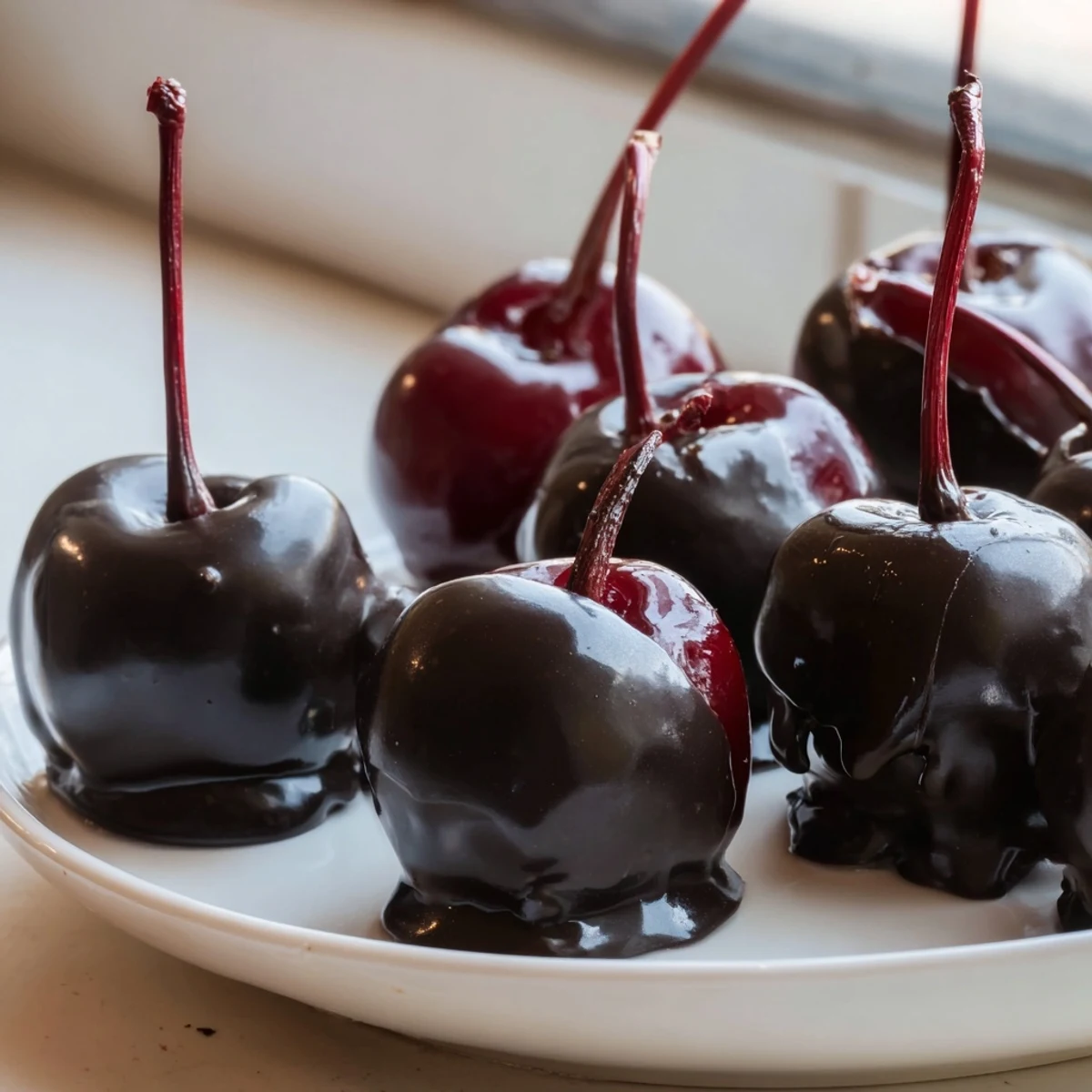 A single Chocolate Covered Cherries with Fondant Center showing the ruby red fruit inside.