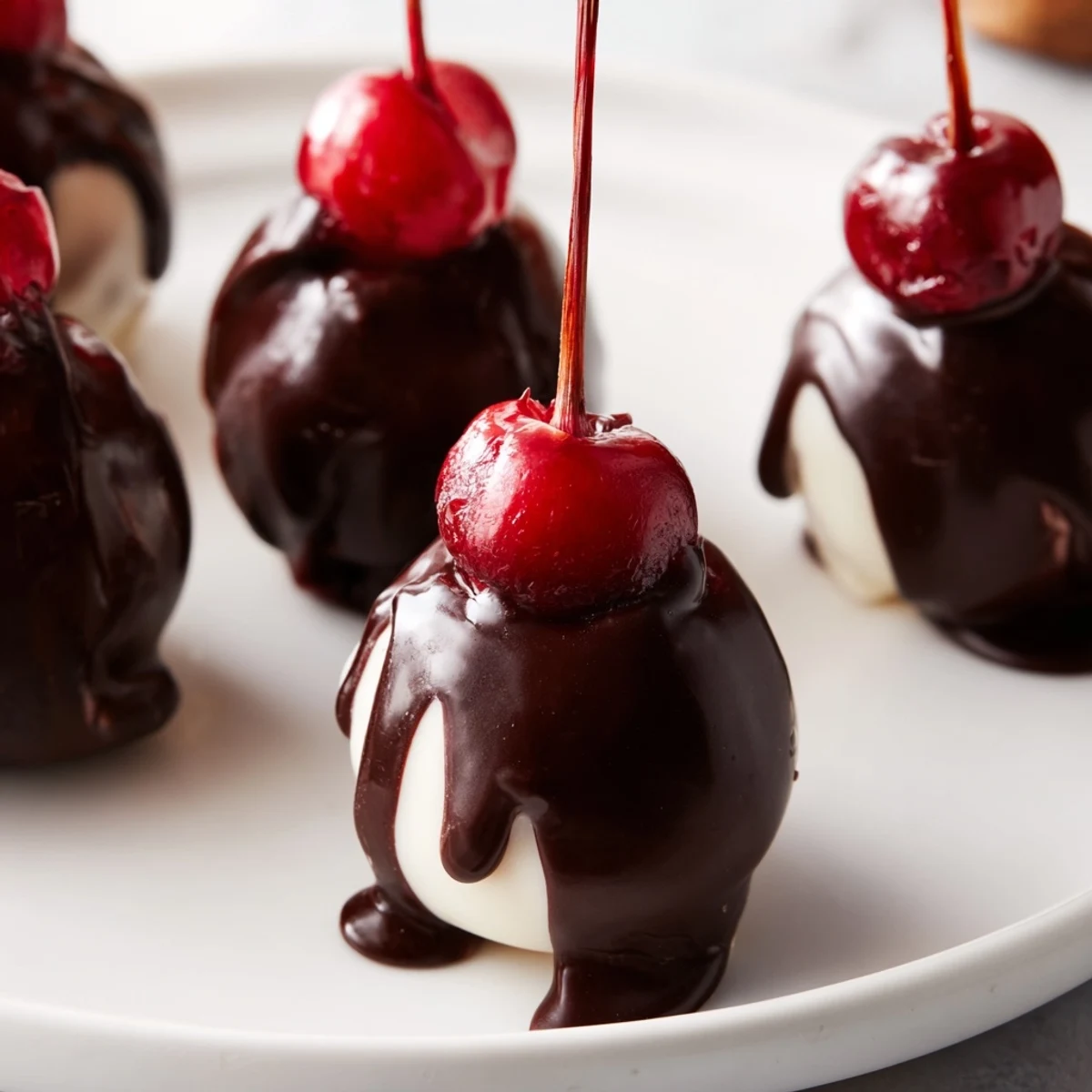 Glossy Chocolate Covered Cherries with Fondant Center on a wooden board, ready to serve.