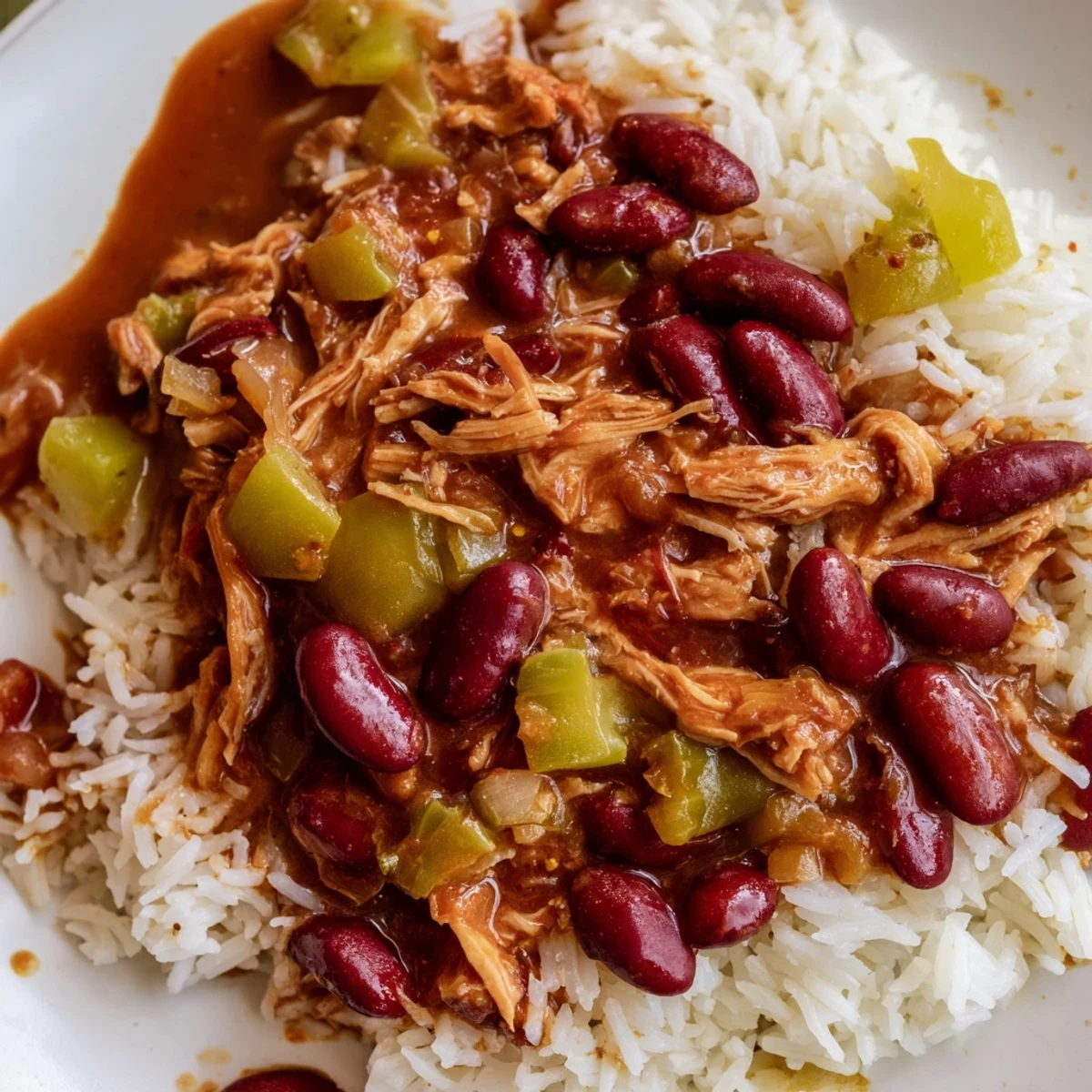 Fragrant Creole Red Beans and Rice with Smoked Turkey is served hot over fluffy white rice, garnished with fresh parsley.