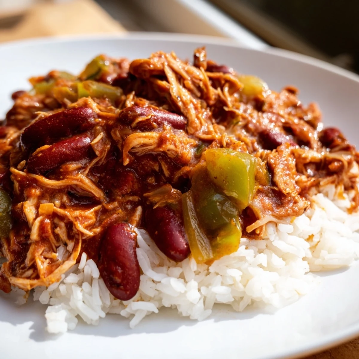 Hearty Creole Red Beans and Rice with Smoked Turkey simmers in a rustic Dutch oven alongside diced vegetables and spices.