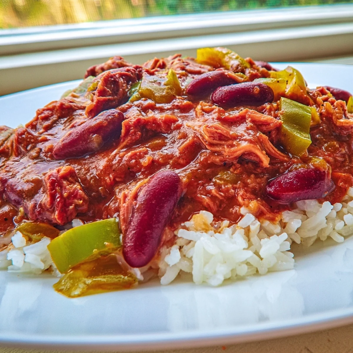 Comforting Creole Red Beans and Rice with Smoked Turkey is plated with tender shredded meat and a splash of apple cider vinegar.
