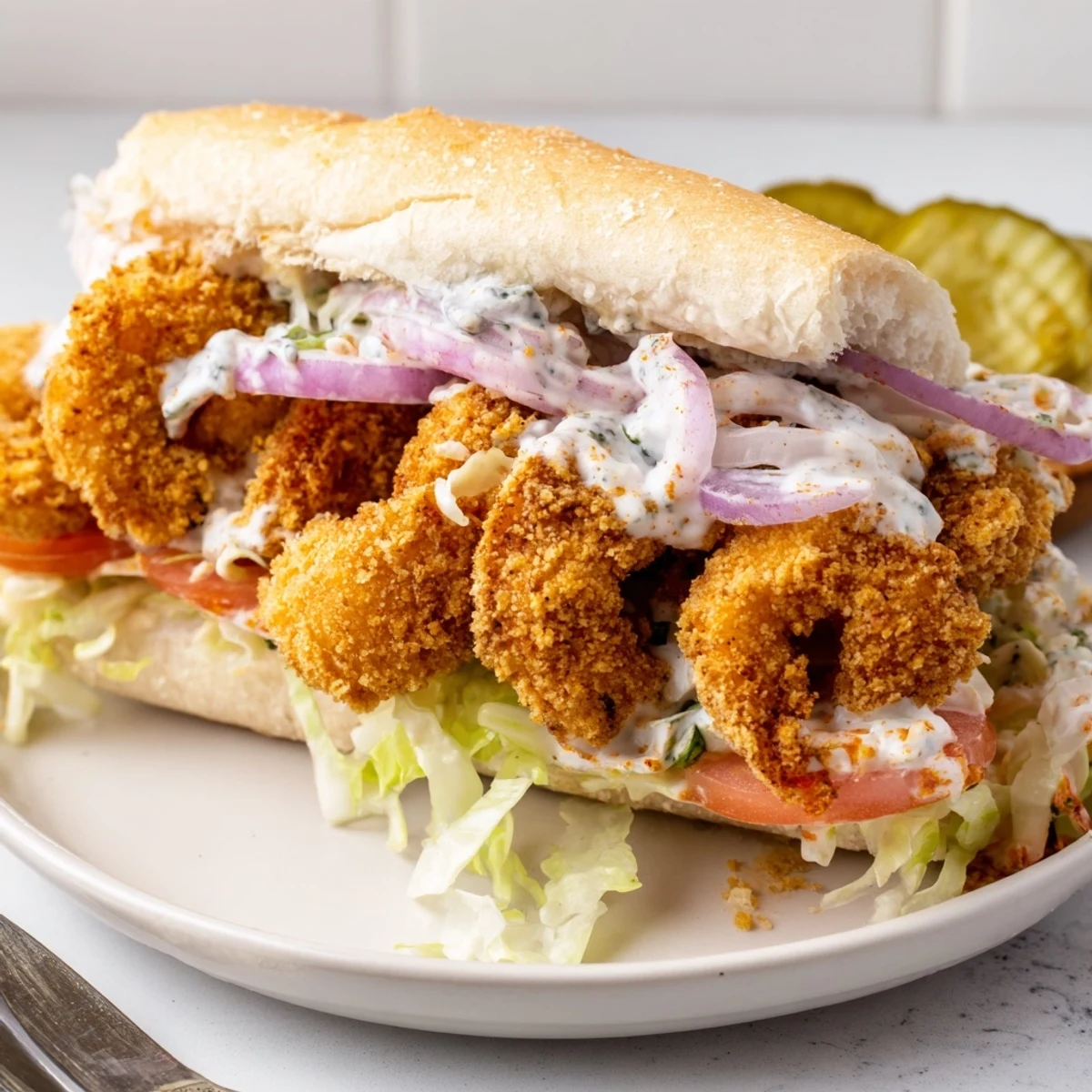 Crispy golden shrimp and fresh lettuce fill a soft French roll for this Southern Shrimp Po Boy Sandwich with Remoulade, served on a plate.