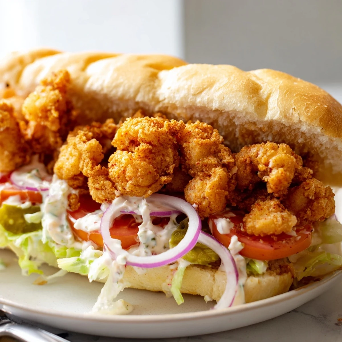 Close-up view of a Southern Shrimp Po Boy Sandwich with Remoulade, showcasing crunchy breaded shrimp and creamy remoulade dripping onto shredded lettuce.