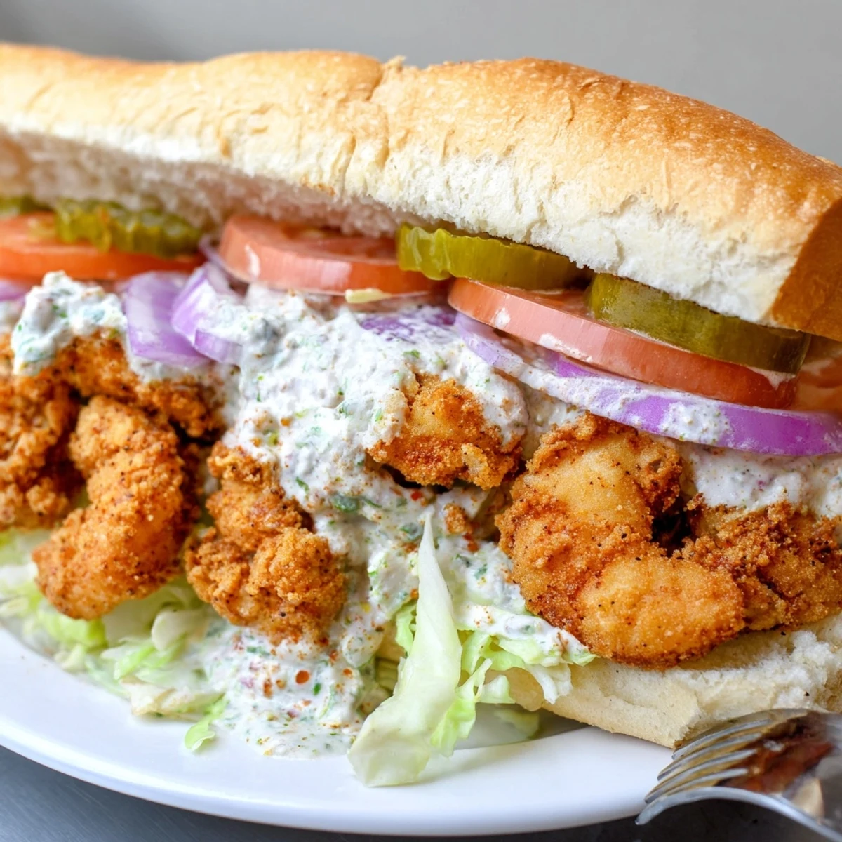 A freshly assembled Southern Shrimp Po Boy Sandwich with Remoulade reveals juicy fried shrimp, tomato slices, and tangy sauce on a toasted hoagie bun.