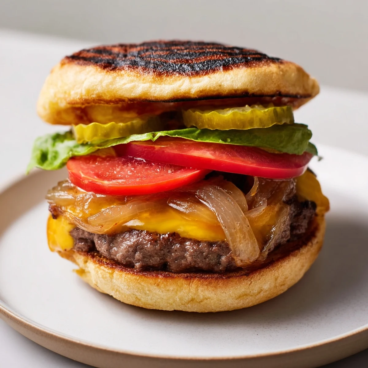 Close-up of Classic Beef Burgers with Caramelized Onions topped with crisp lettuce and ripe tomato slices on a plate.