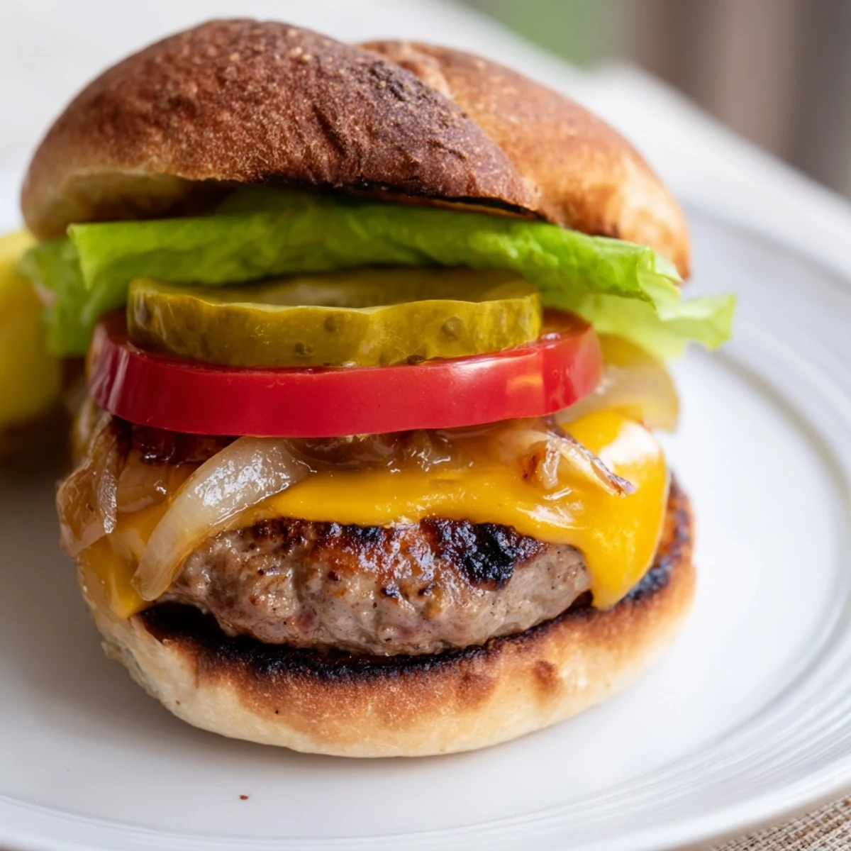 Homemade Classic Beef Burgers with Caramelized Onions served on a rustic cutting board with pickles and condiments nearby.