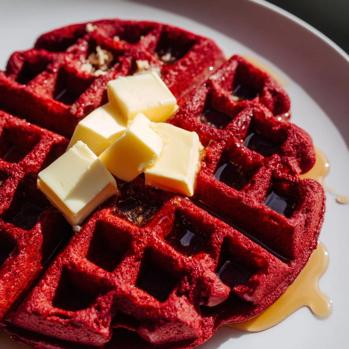 Golden-brown, fluffy Red Velvet Waffles with a hint of cocoa, served warm with melting butter and a drizzle of rich maple syrup for a decadent brunch.