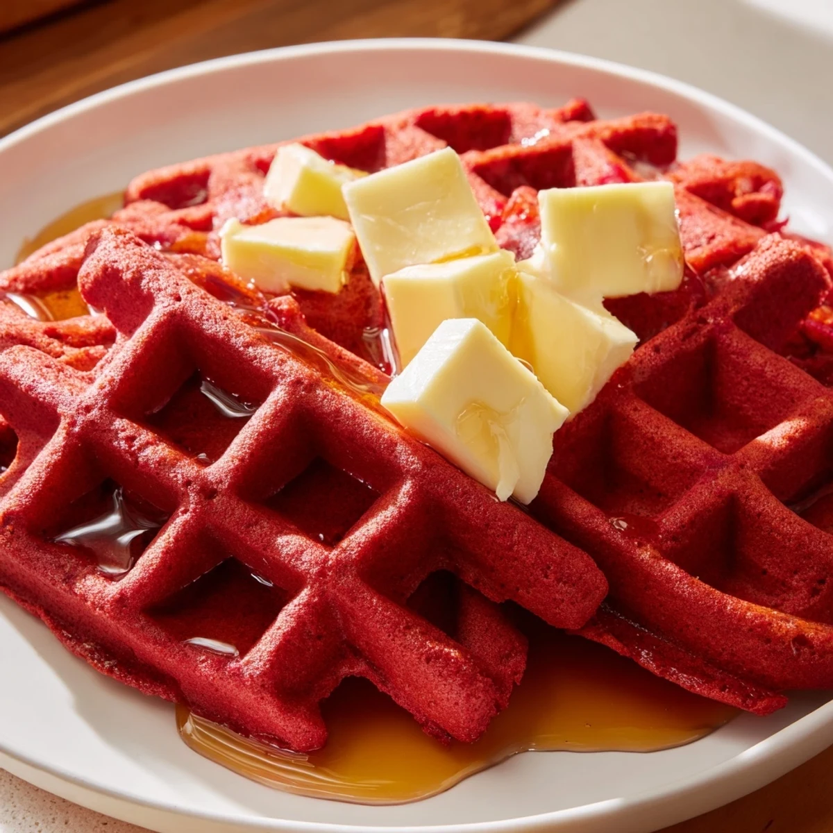 Freshly cooked Red Velvet Waffles stacked high, ready to be topped with a pat of butter and sweet syrup for an indulgent breakfast treat.