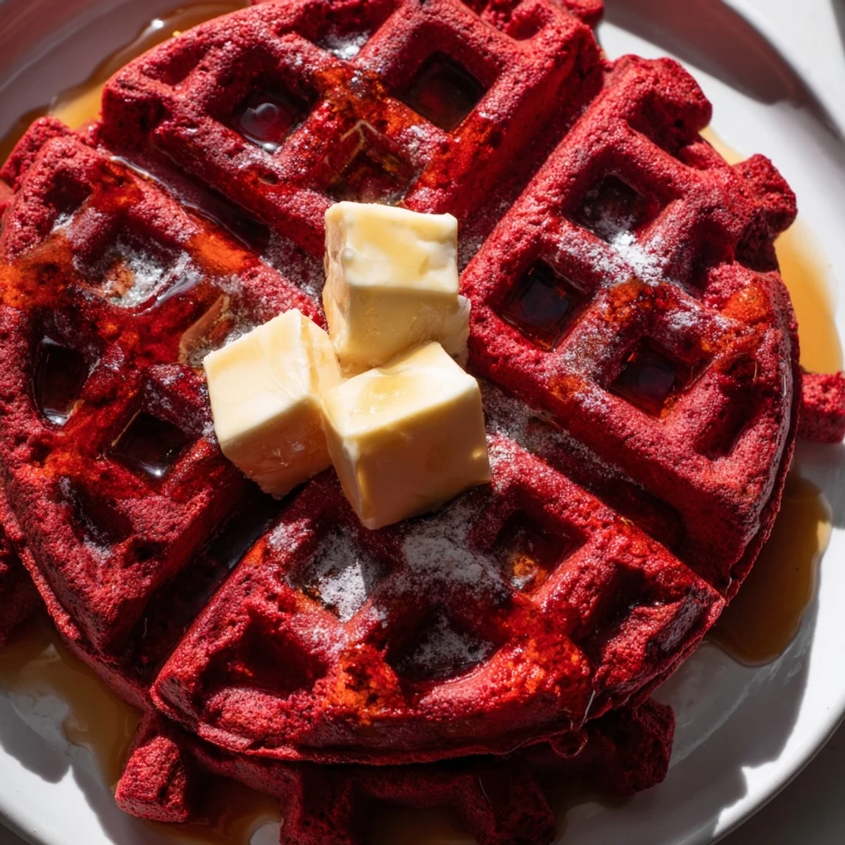 Decadent Red Velvet Waffles with a vibrant crimson interior, glistening with warm maple syrup and a melting pat of butter on top.