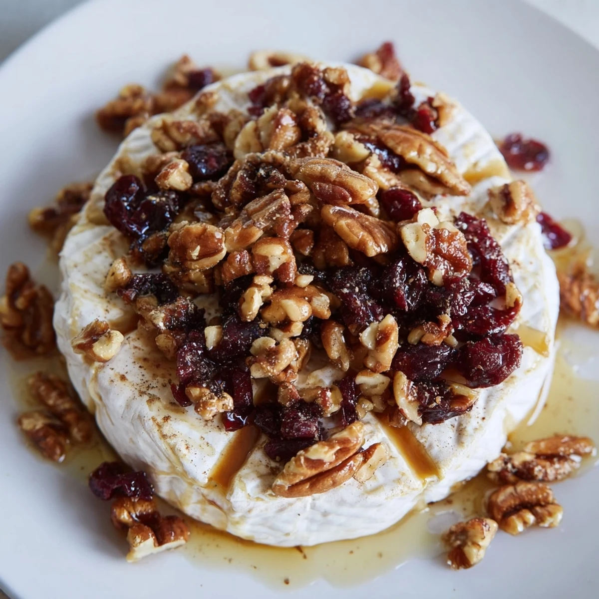 Golden Baked Brie with Cranberry and Pecan Topping served warm with crostini and a festive holiday garnish.