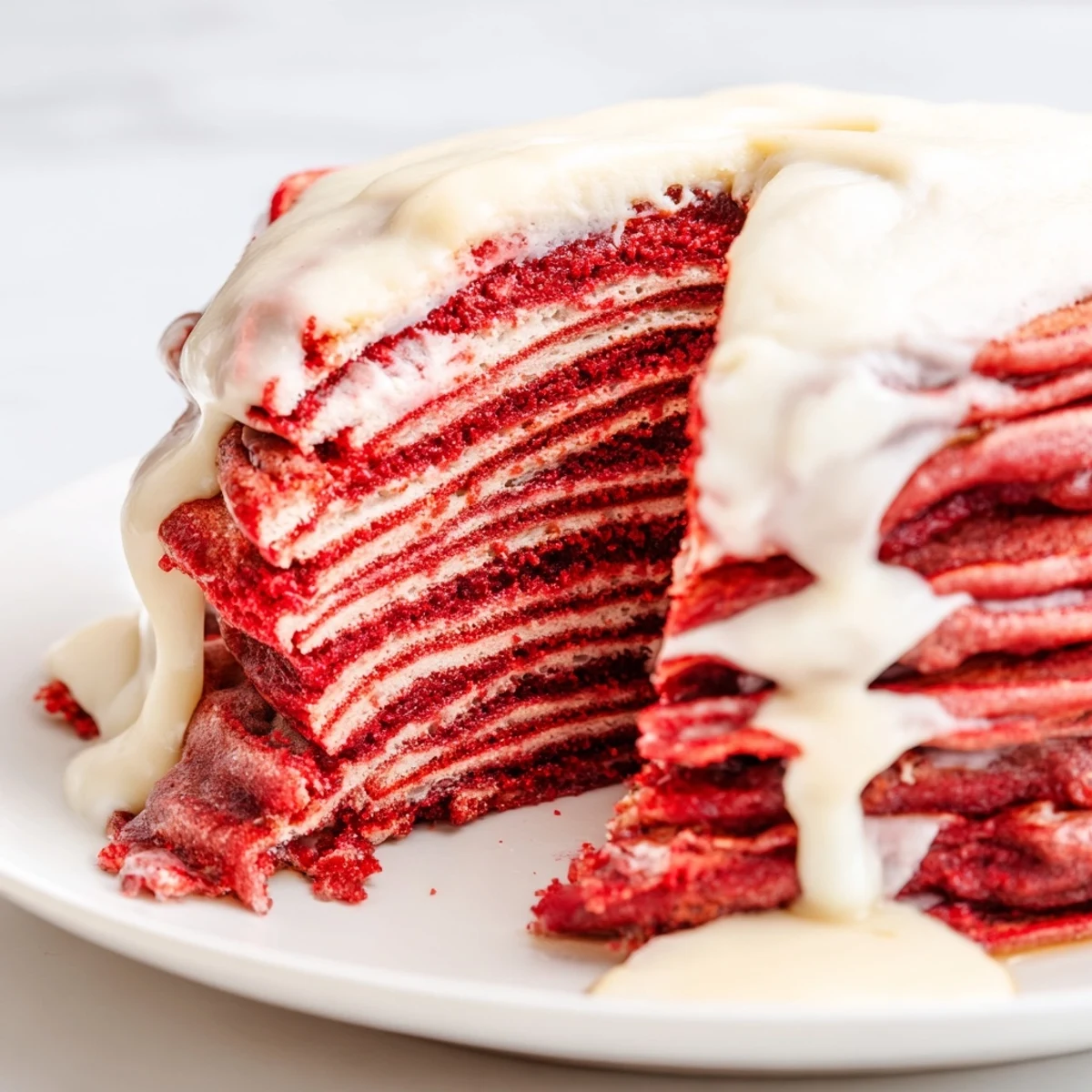 Stacked fluffy red velvet pancakes drizzled with cream cheese glaze and fresh berries.