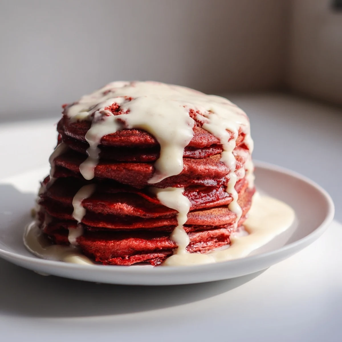 Decadent red velvet pancakes with cocoa and tangy glaze for brunch.