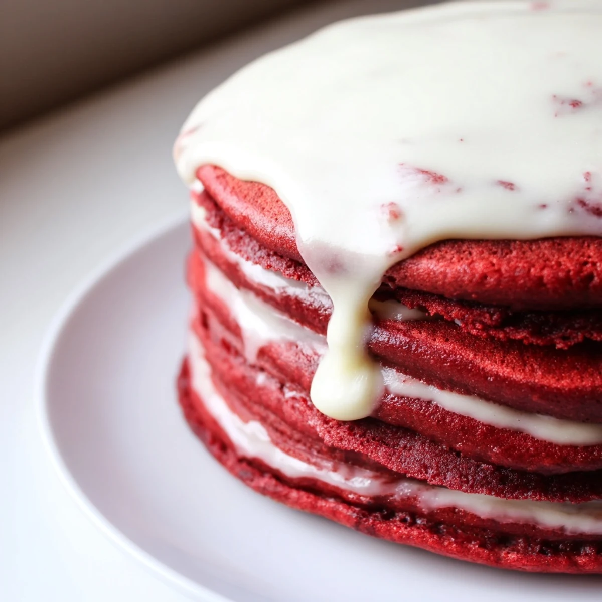 Thick cream cheese glaze melting over vibrant red pancakes on a white plate.