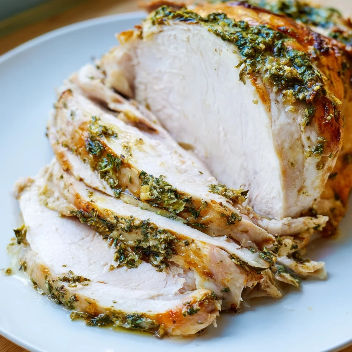 Golden-brown Savory Herb Roasted Turkey Breast with crispy skin, fresh rosemary, and lemon slices on a rustic platter next to roasted vegetables.