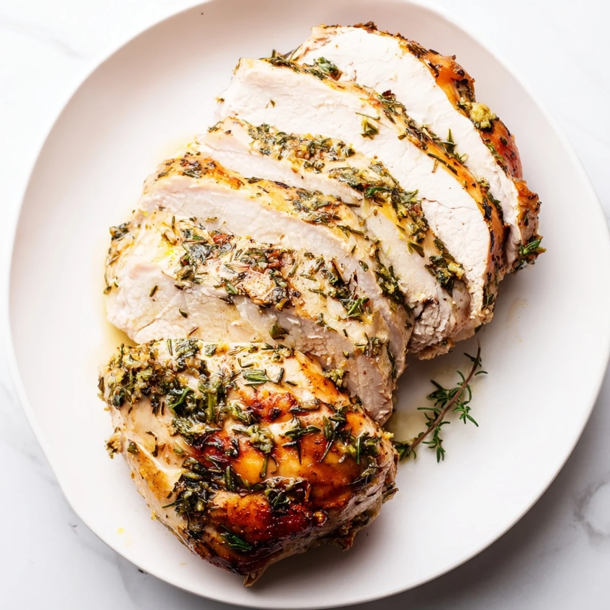 A juicy Savory Herb Roasted Turkey Breast glistening with pan juices, garnished with thyme sprigs and ready for a festive holiday dinner.