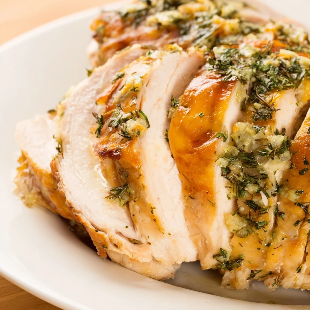 Plated Savory Herb Roasted Turkey Breast slices revealing tender, herb-infused meat beside mashed potatoes and a glass of crisp white wine.