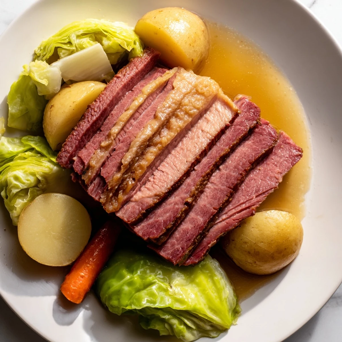 Slices of tender corned beef brisket with cabbage wedges and golden potatoes on a rustic serving platter.