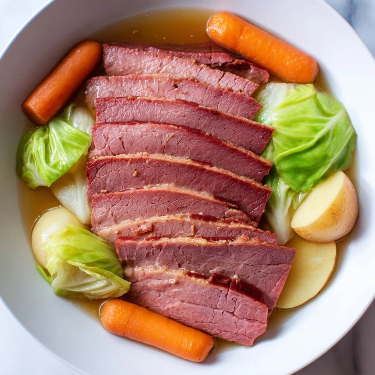 A close-up of corned beef brisket beside soft cabbage wedges, glistening with savory broth.