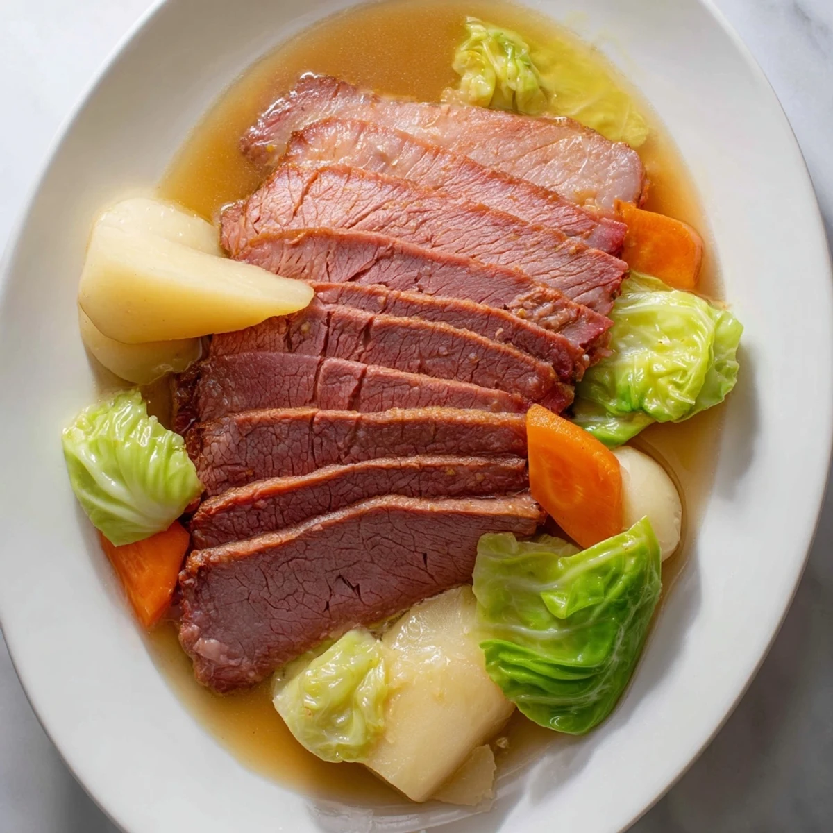 Hearty corned beef brisket, tender potatoes, and sweet cabbage arranged on a plate for St. Patrick's Day.