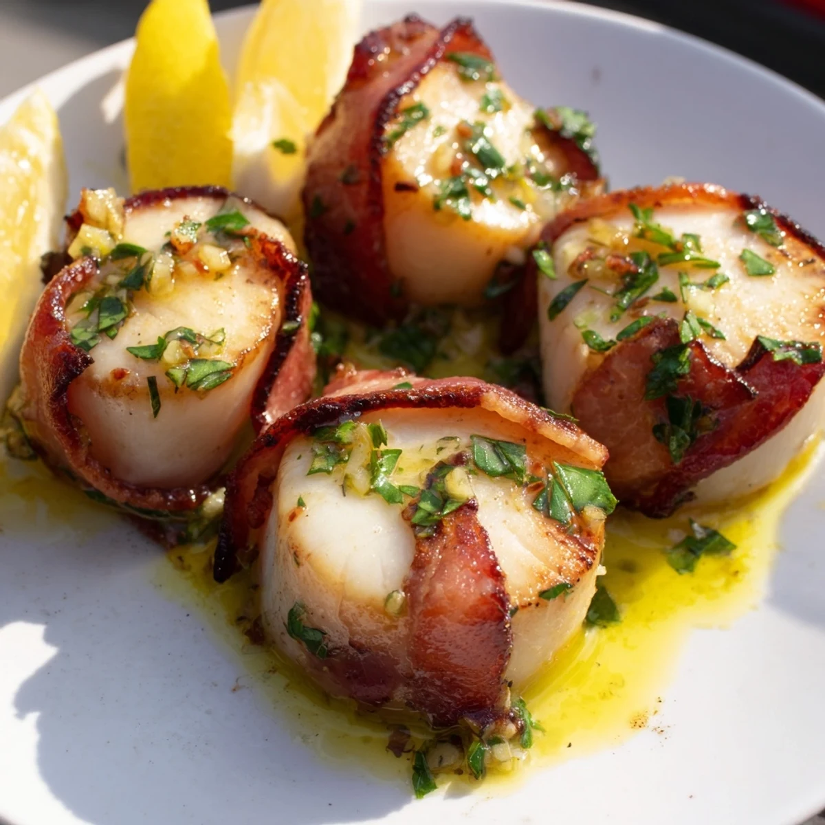 Oven-roasted scallops wrapped in crispy beef bacon, drizzled with zesty lemon butter sauce for an elegant appetizer.