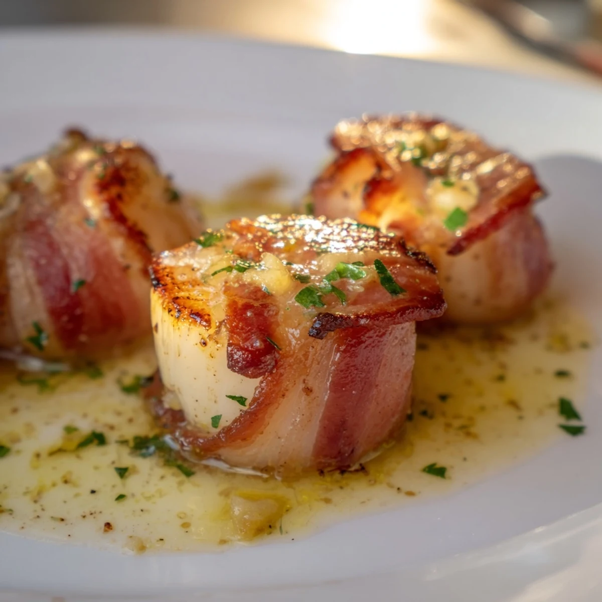 Golden-brown beef bacon wrapped scallops glistening with lemon butter, served on a white platter with fresh parsley garnish.