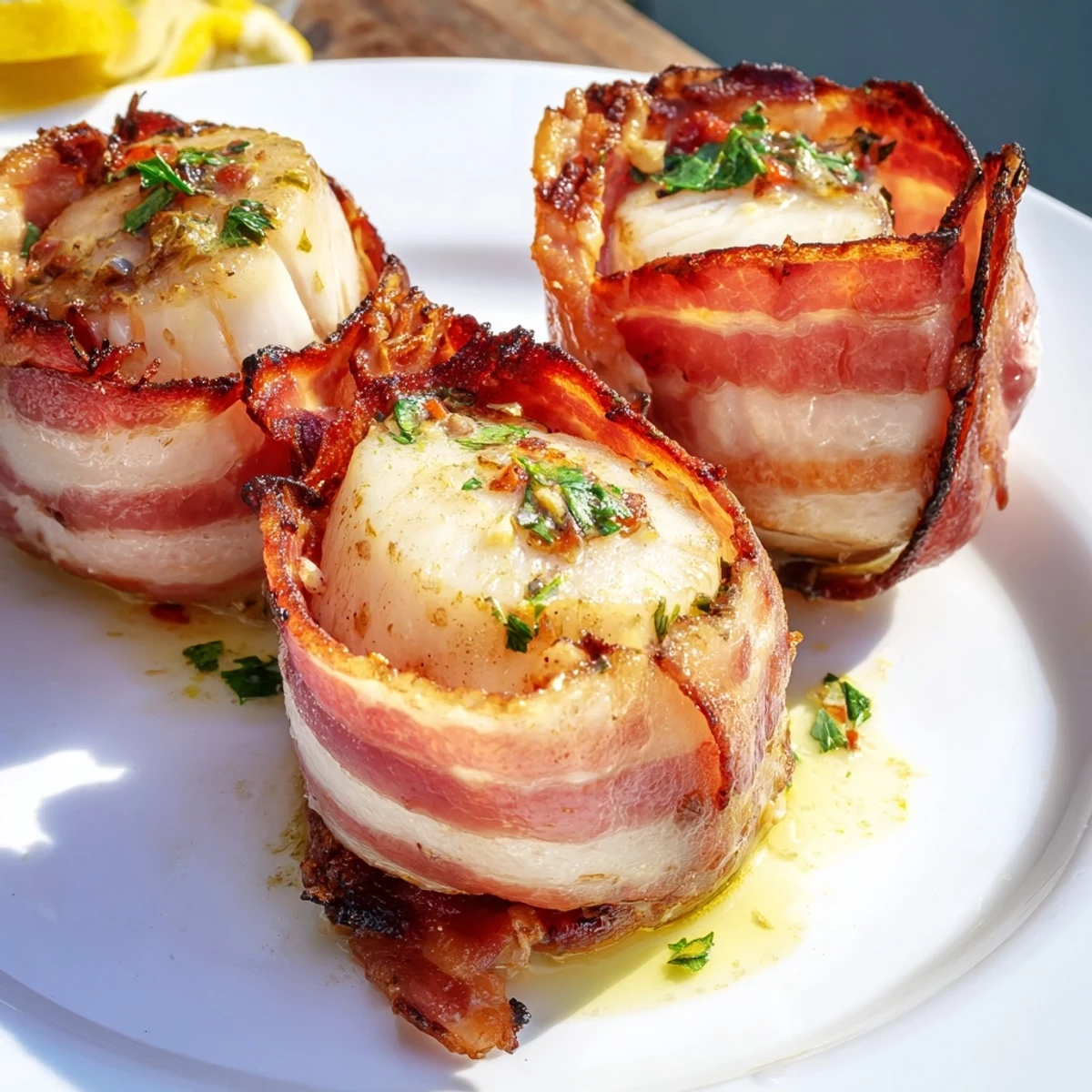 Tender sea scallops in smoky beef bacon, finished with fresh lemon butter and parsley for a citrus kick.