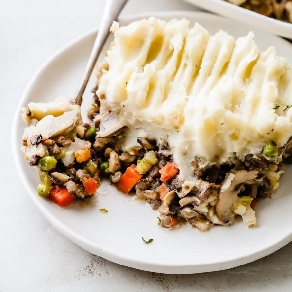 A close-up of the vegetarian shepherds pie shows ridged potato topping and a rich, creamy mushroom and leek filling ready to be served.