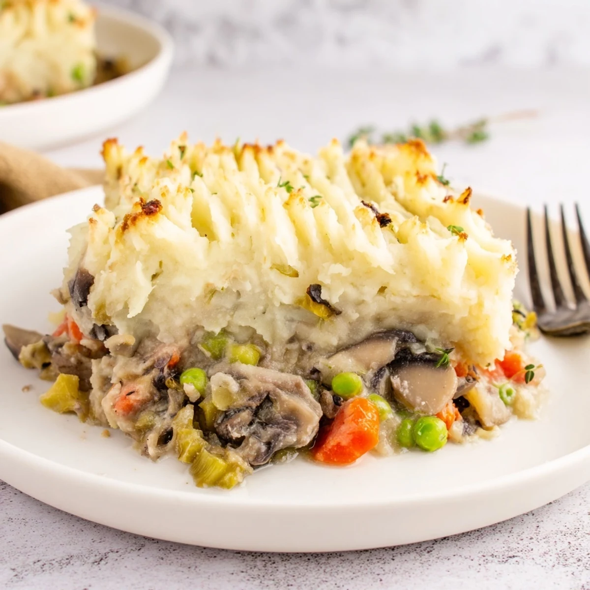 Golden brown mashed potatoes cover a creamy mushroom and leek filling in this vegetarian shepherds pie, baked until bubbling and served in a rustic dish.