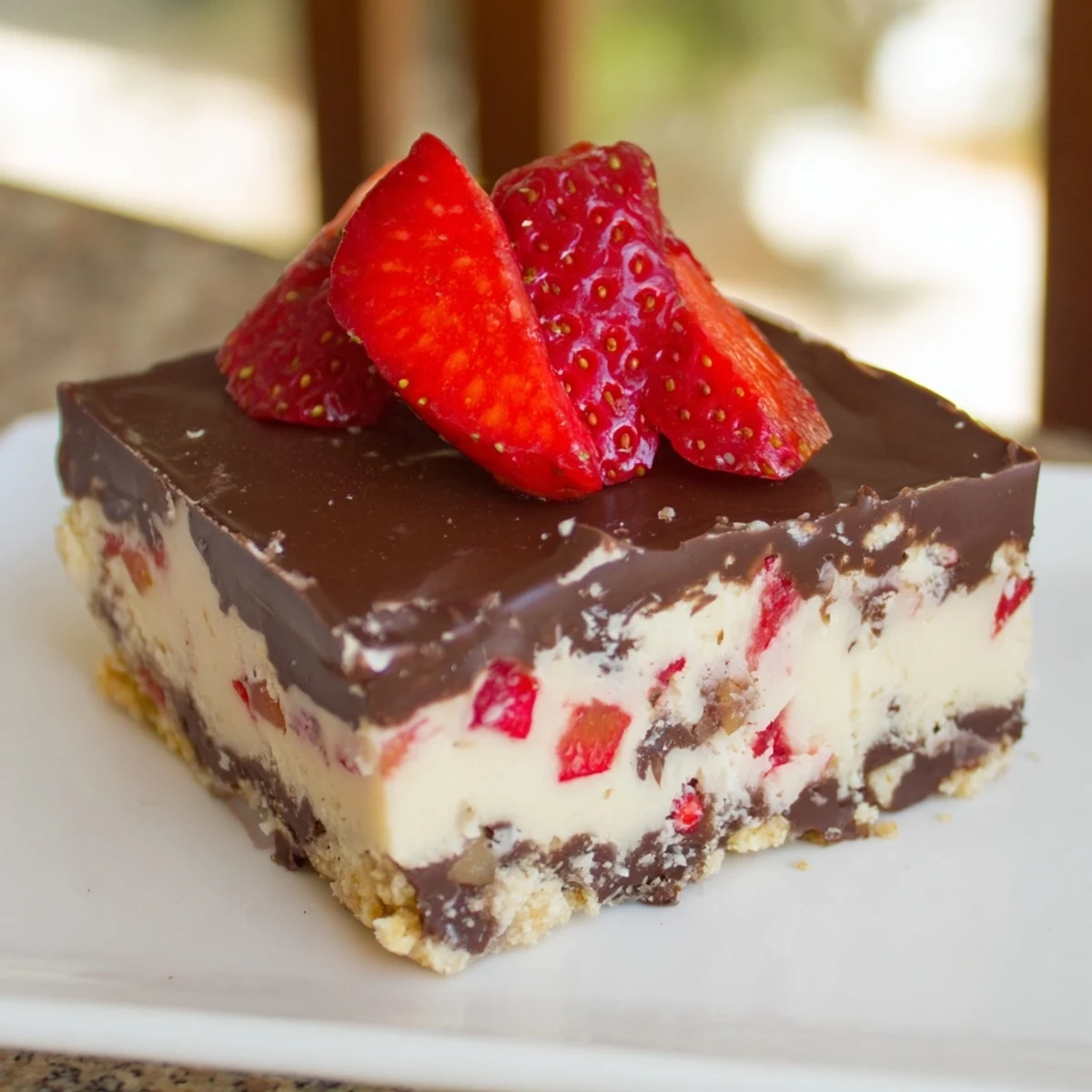 A close-up of layered Chocolate Covered Strawberry Cheesecake Bars with a glossy chocolate shell and fresh strawberry garnish.  