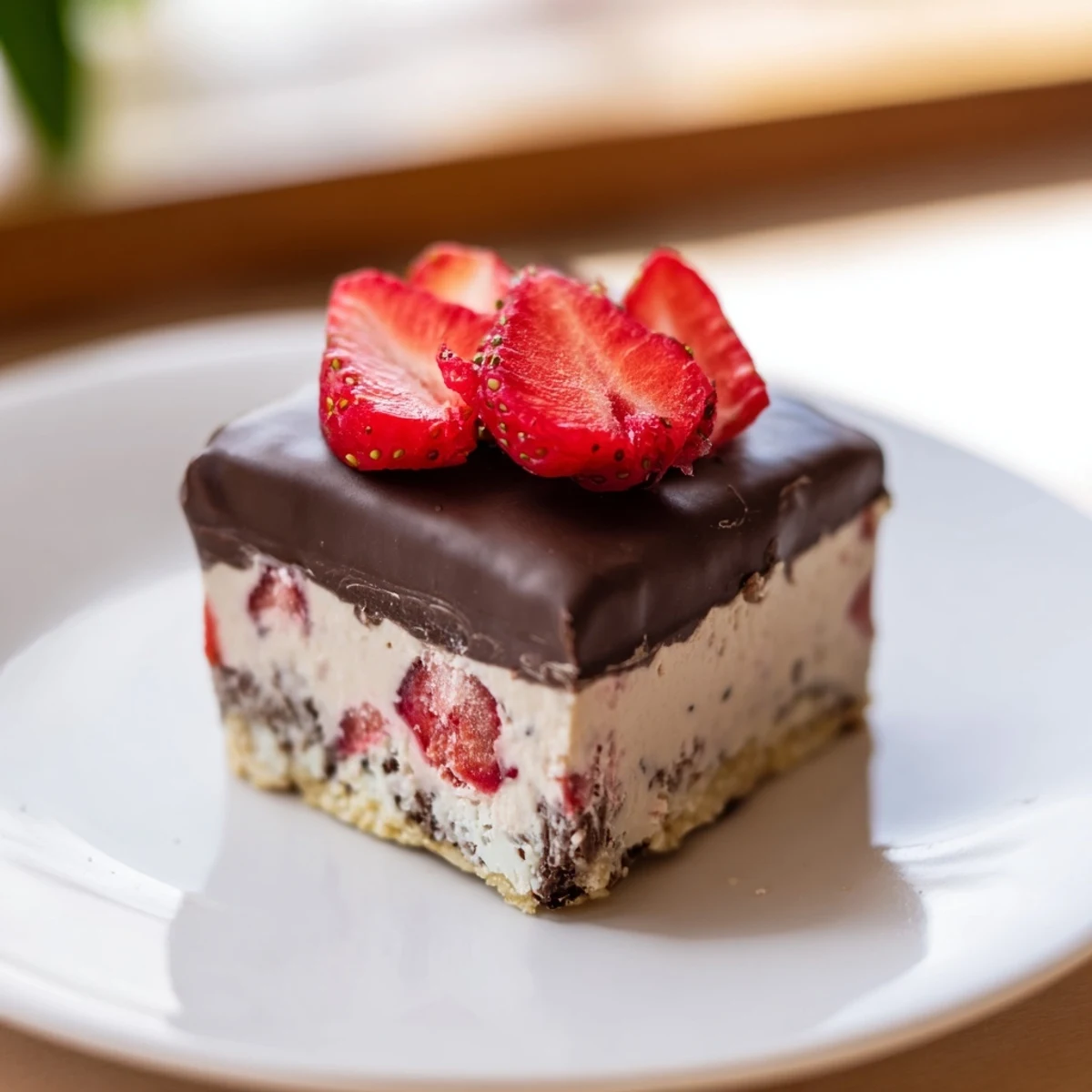 Decadent Chocolate Covered Strawberry Cheesecake Bars with a rich chocolate top and vibrant strawberries, perfect for a party dessert.