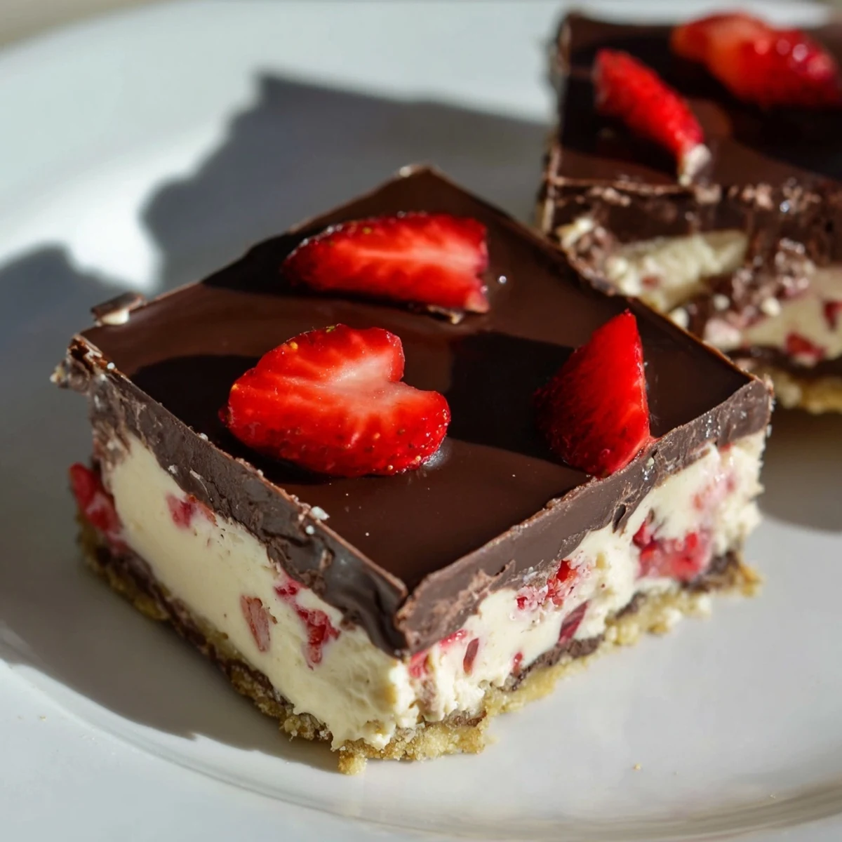 Homemade Chocolate Covered Strawberry Cheesecake Bars served on a dessert platter, showcasing creamy filling and a crisp crust.  