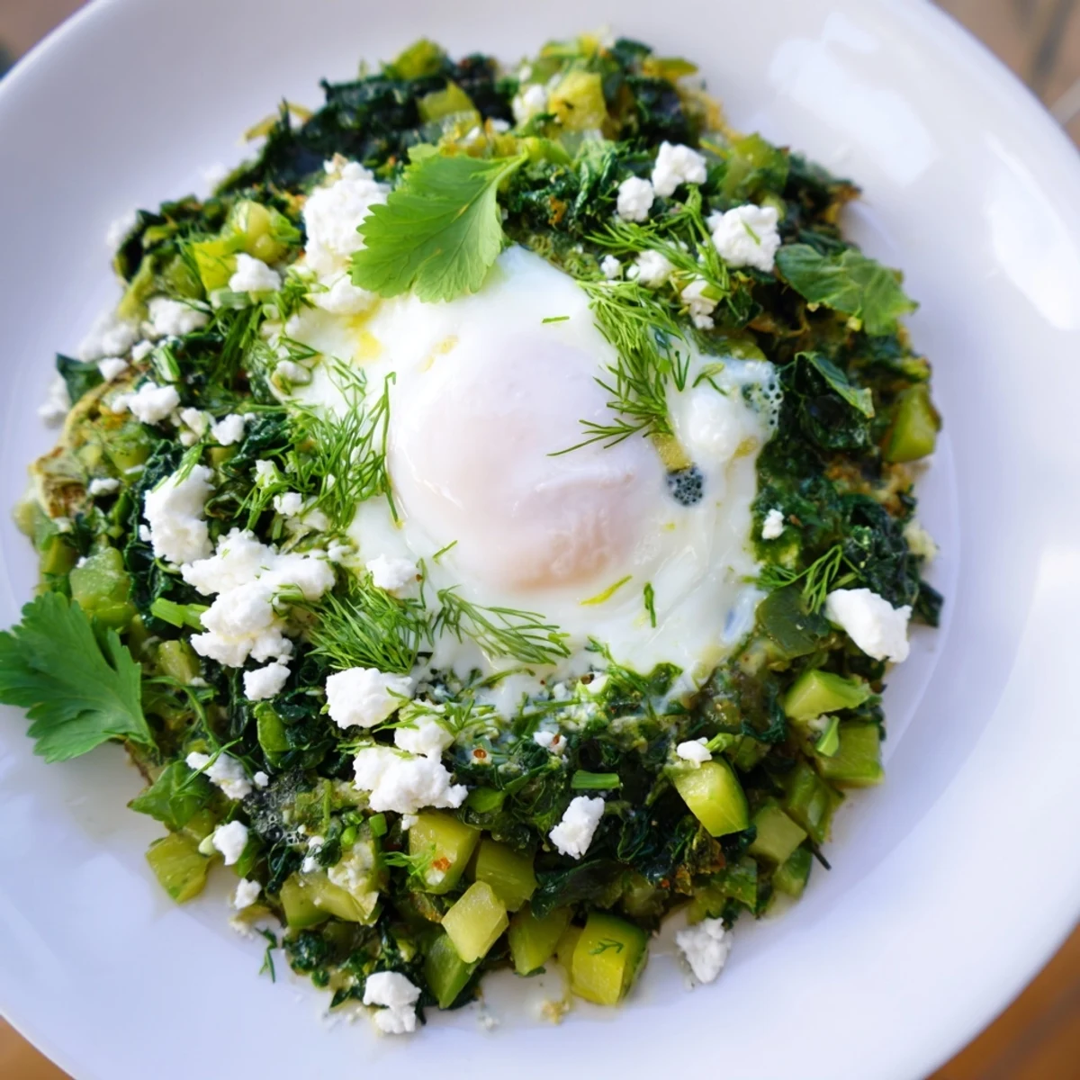 A close-up view of Green Shakshuka with Spinach and Feta, showing runny yolks over sautéed greens and crumbled feta cheese.