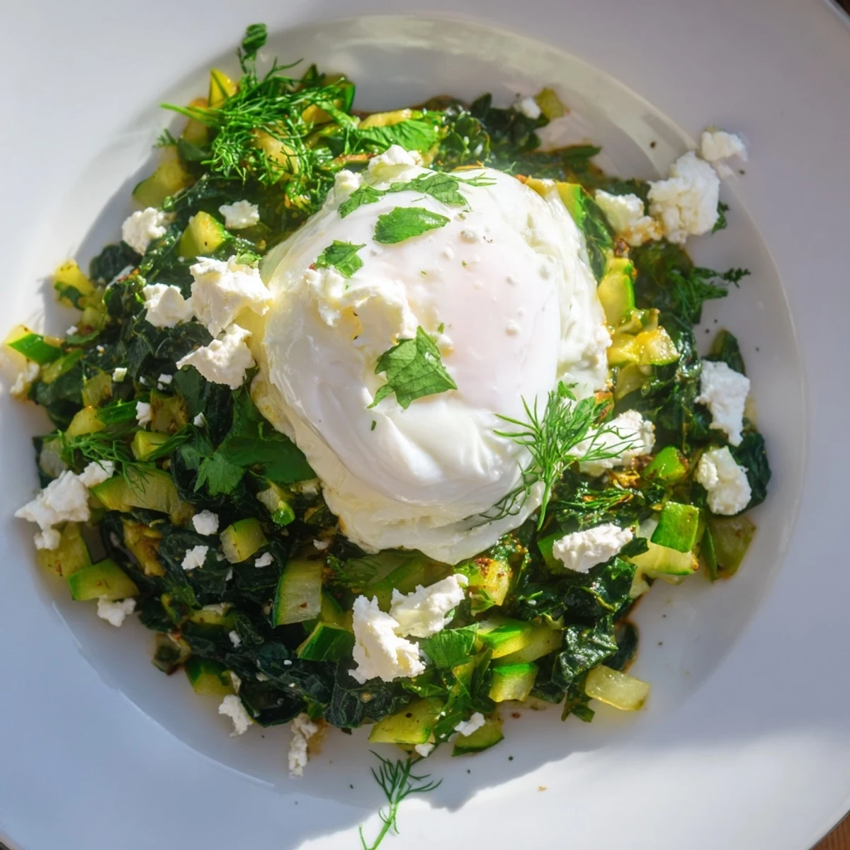 Vibrant Green Shakshuka with Spinach and Feta bubbling in a skillet, topped with perfectly poached eggs and fresh herbs for a savory brunch.